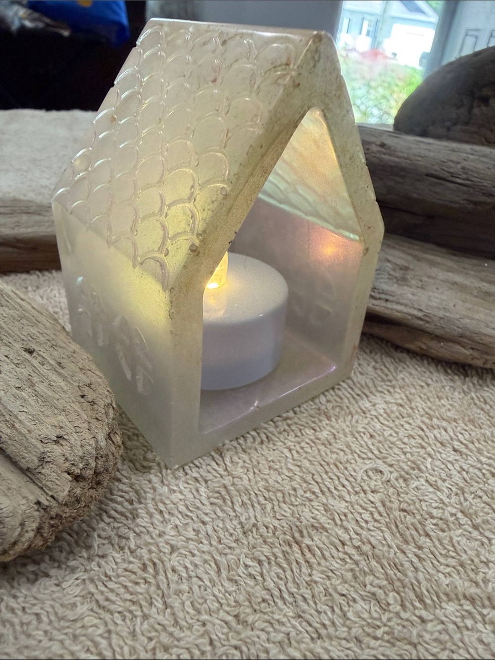 Iridescent Frosted Resin House Tealight Holder - White/Cream